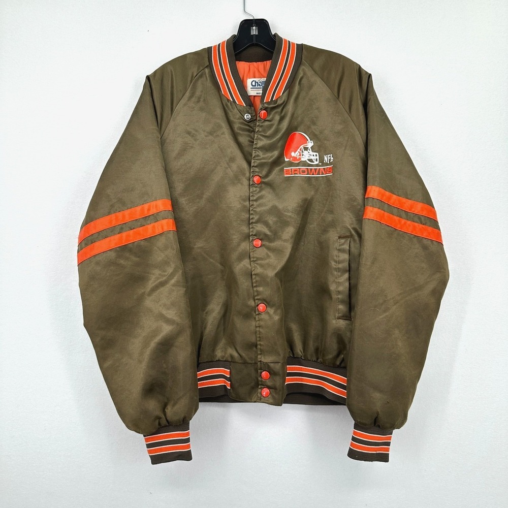 Vtg Cleveland Browns Chalk Line Jacket L Brown Orange Satin NFL Snap Football